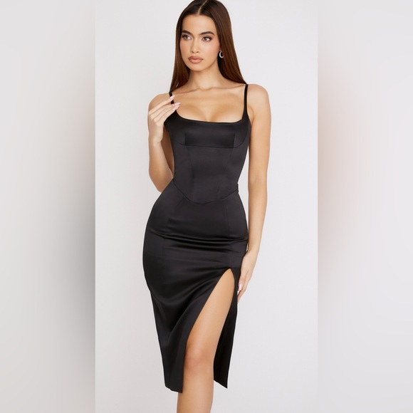 House of Cb CASIMIRa BLACK SATIN CORSET MIDI DRESS - Picture 2 of 10